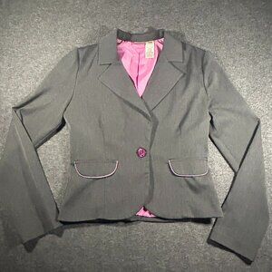 Vintage Y2K No Boundaries Grey Pink Piping Blazer Size Juniors M 7/9